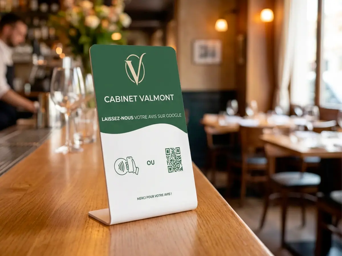 Support NFC DigiZap personnalisé sur un comptoir de restaurant - Solution avis Google et fidélisation